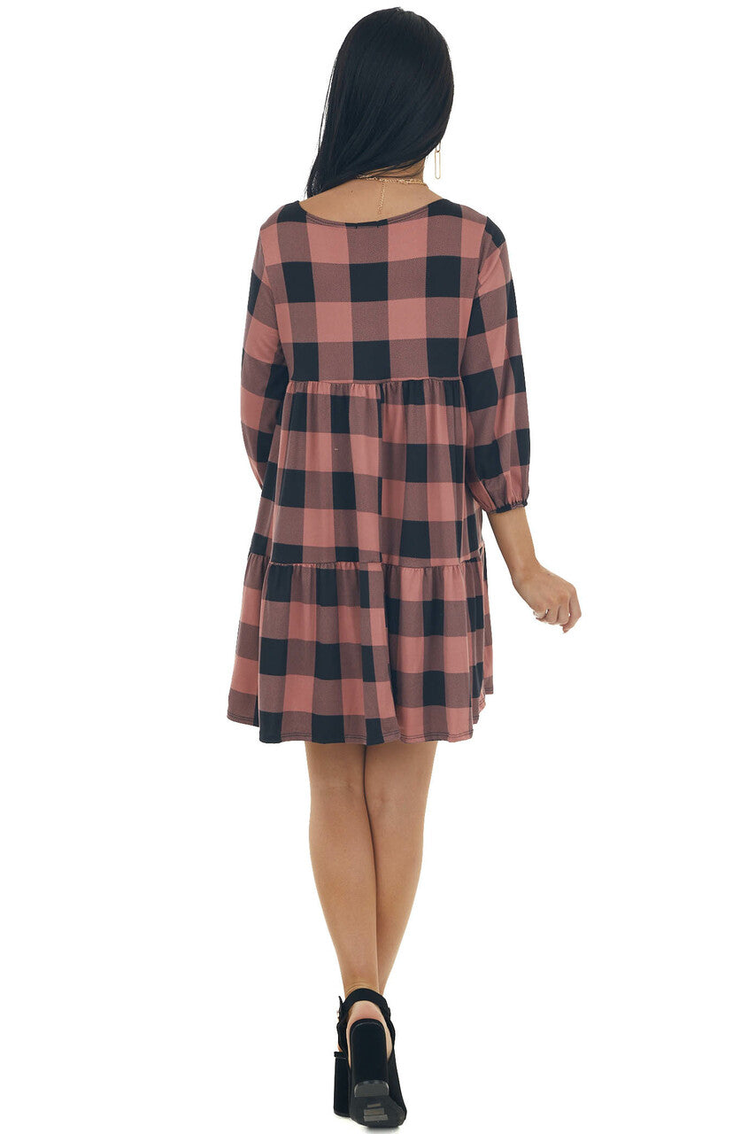 Marsala Buffalo Plaid Long Bubble Sleeve Dress