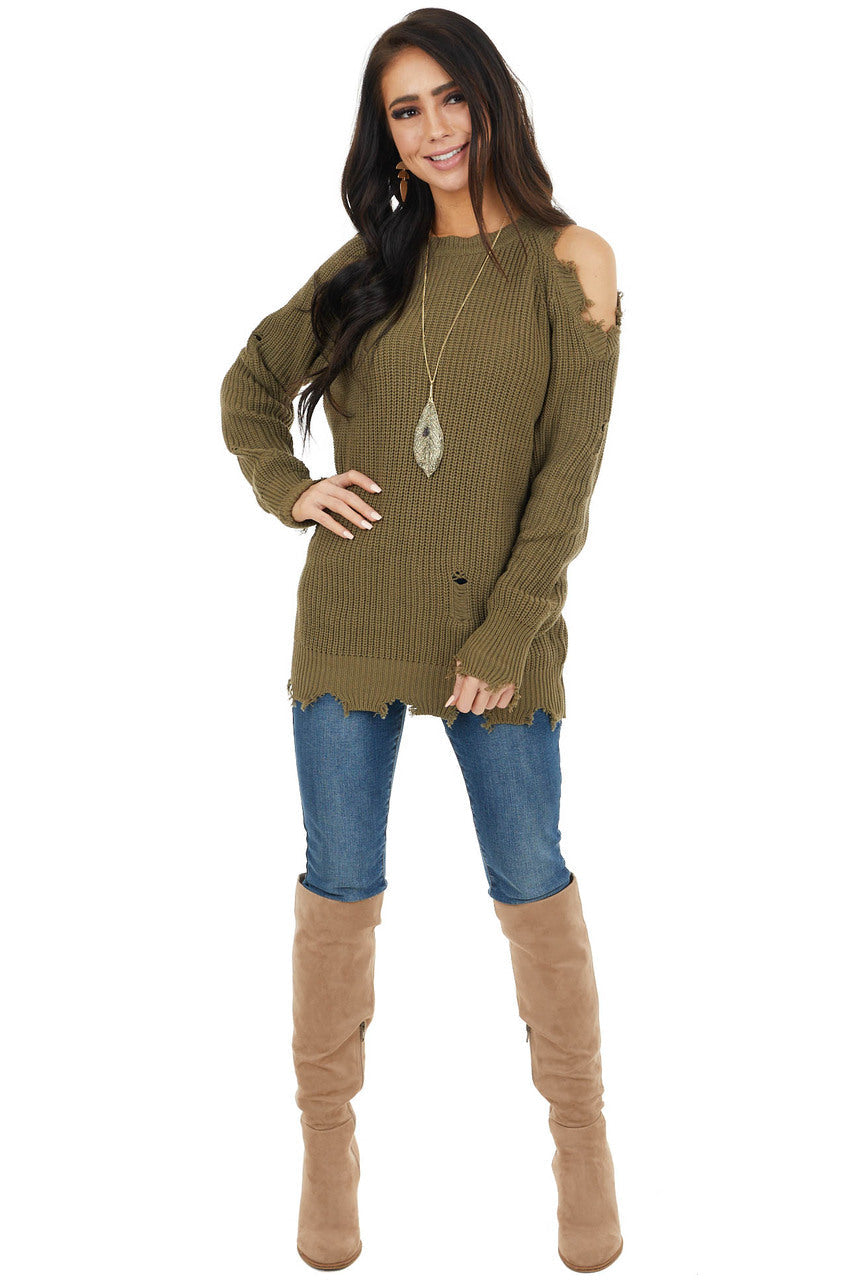 Olive Cold Shoulder Sweater Dress with Distressed Details