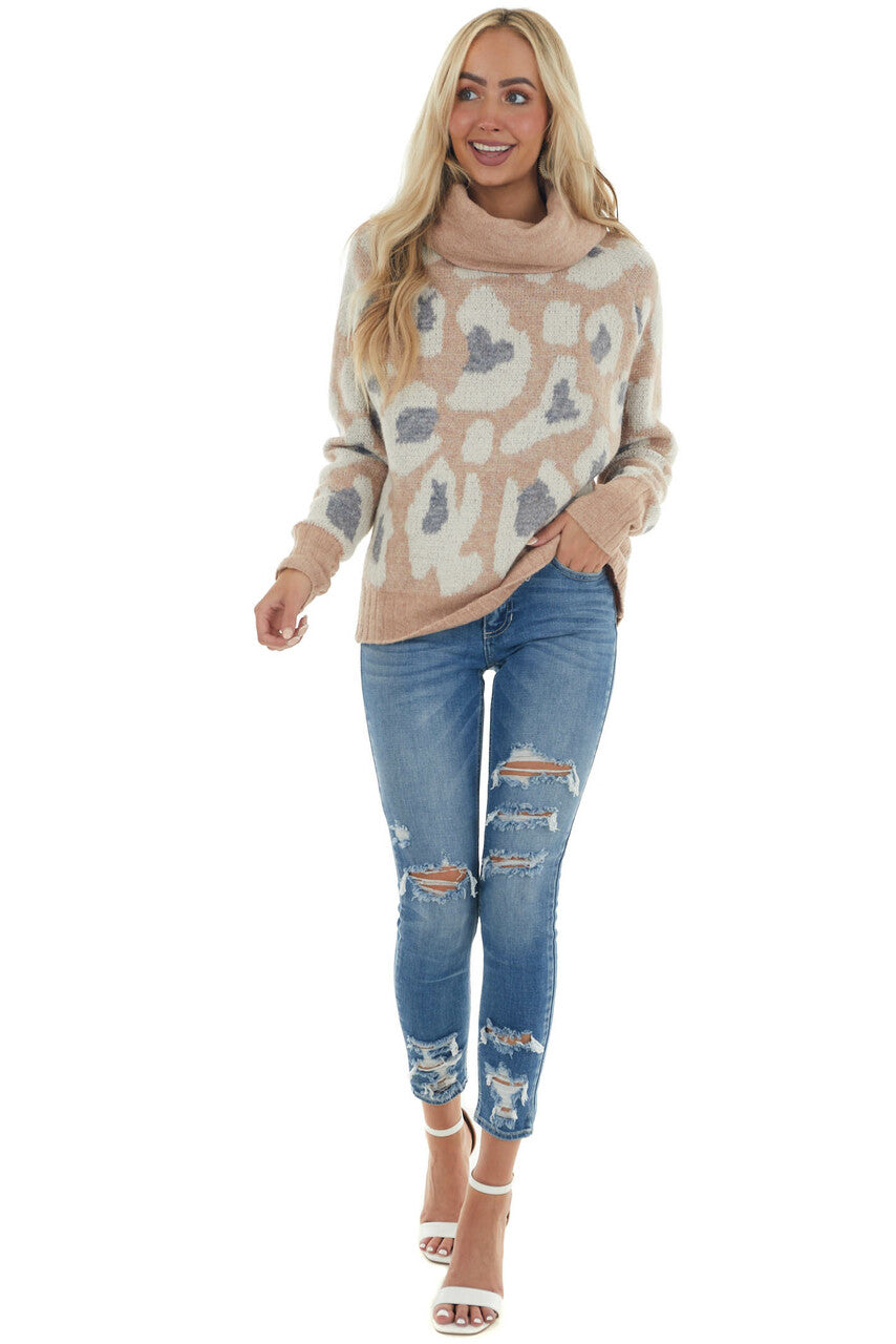 Apricot Leopard Print Turtleneck Sweater