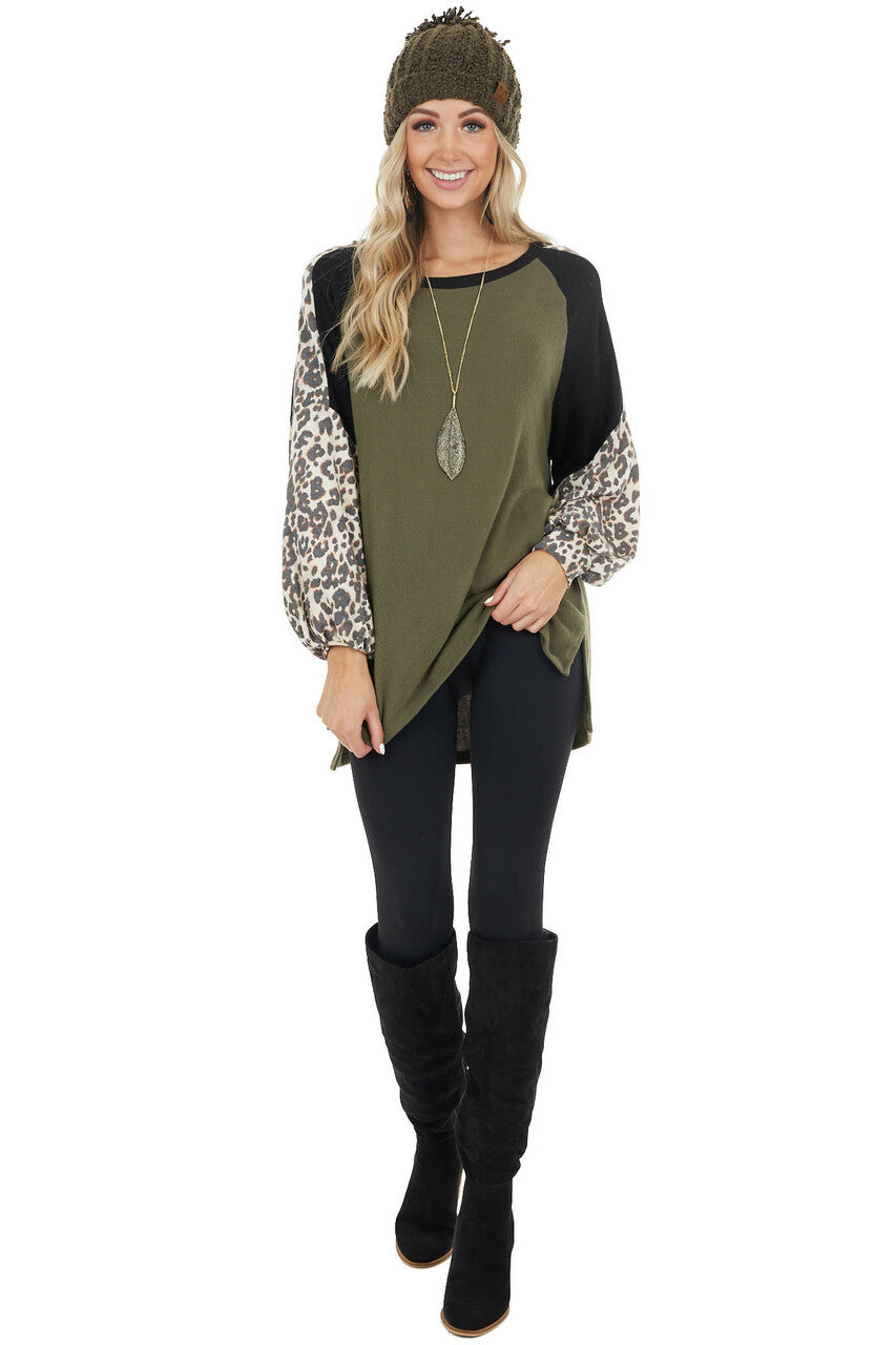 Olive Leopard Print Colorblock Long Sleeve Loose Fit Top