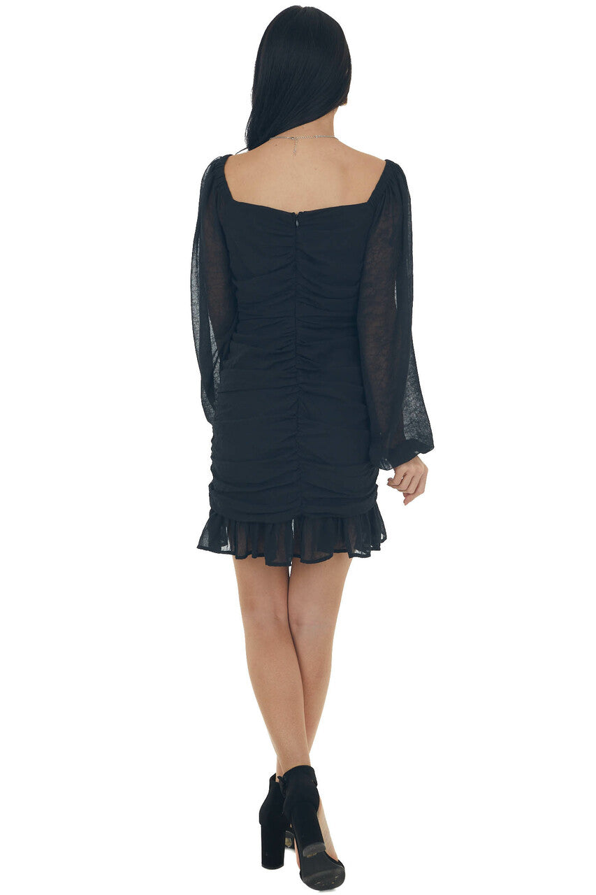 Black Bubble Sleeve Ruched Mini Dress