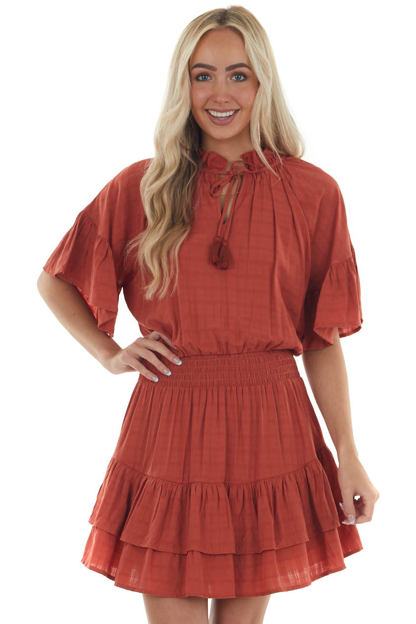 Brick Linen Ruffle Dress with Notch Neckline 