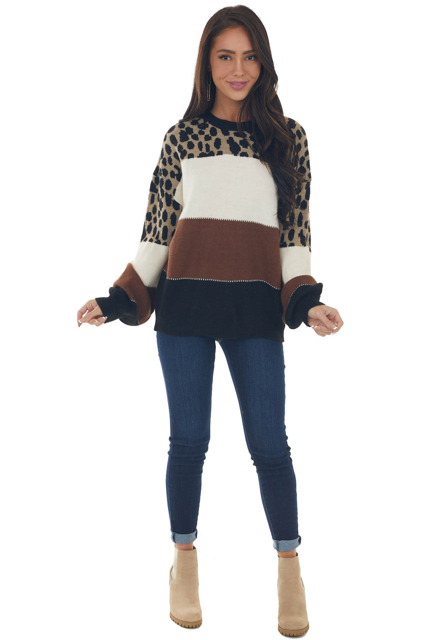 Cinnamon Cheetah Print Colorblock Knit Sweater
