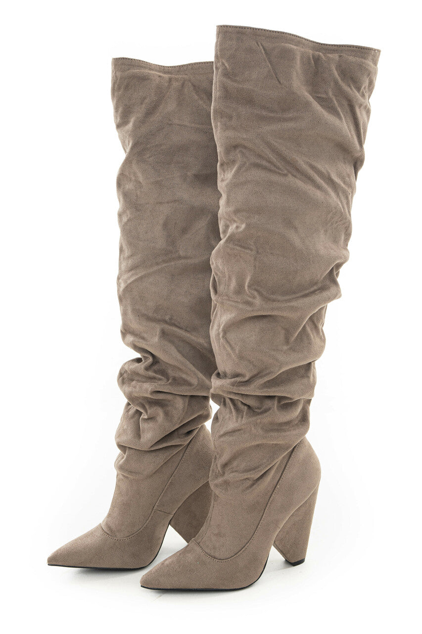 Khaki Suede Knee High Slouchy Heeled Boots