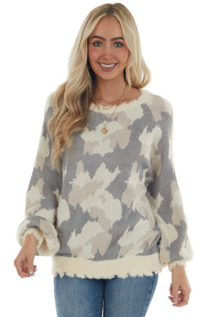 Cream and Slate Grey Abstract Print Fuzzy Sweater