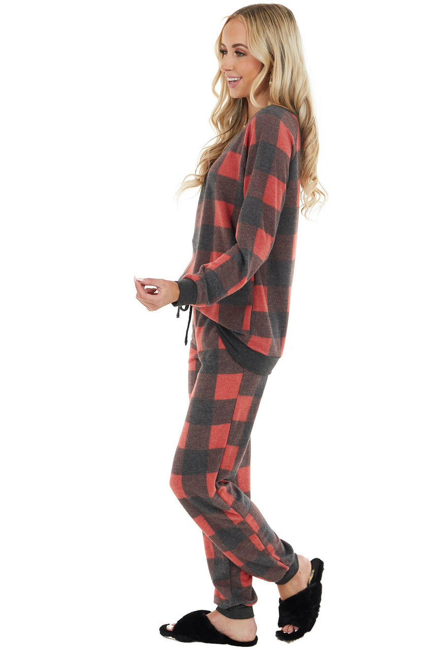 Candy Apple Red Buffalo Plaid Long Sleeve Top and Jogger Set