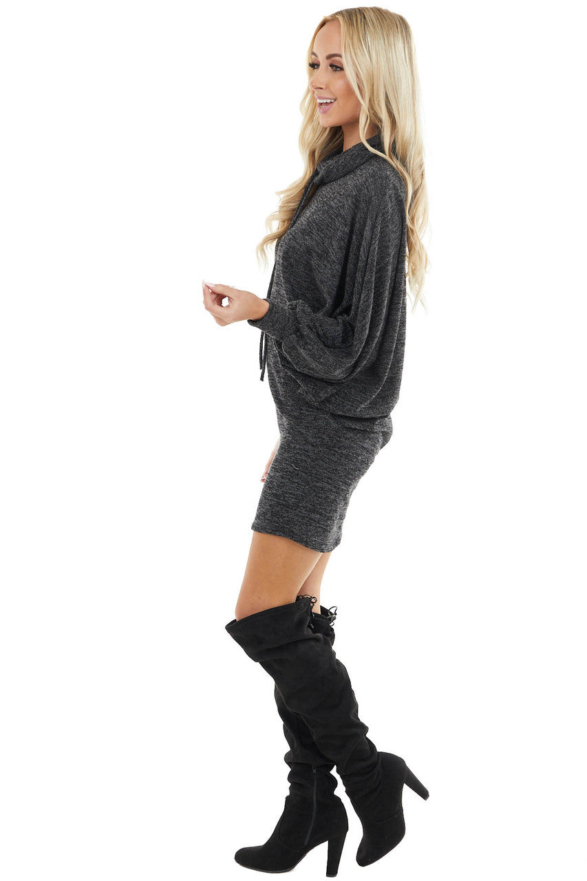Black Two Tone Long Dolman Sleeve Dress with Cowl Neckline