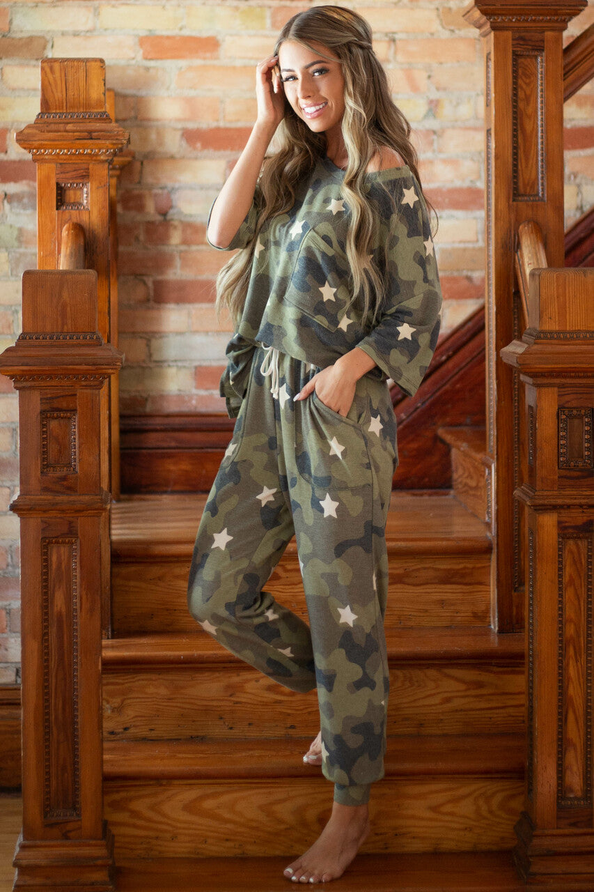 Olive Camo and Star Print Short Sleeve Top with Front Pocket