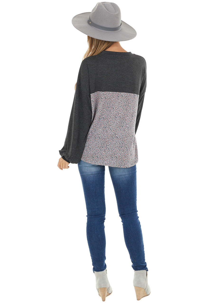 Charcoal Leopard Print Puff Sleeve Top with Sequin Pocket