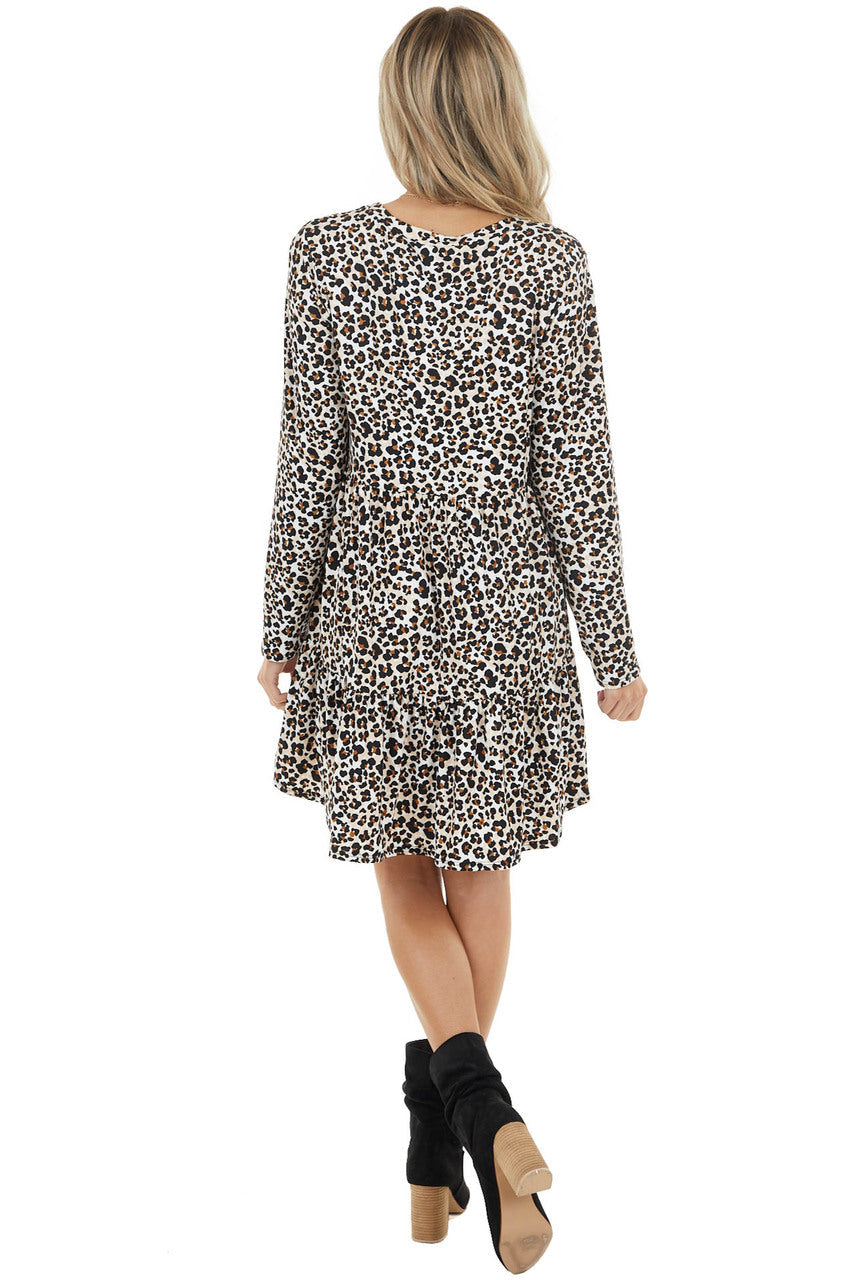 Ivory and Camel Leopard Print Babydoll Dress with Ruffle Hem