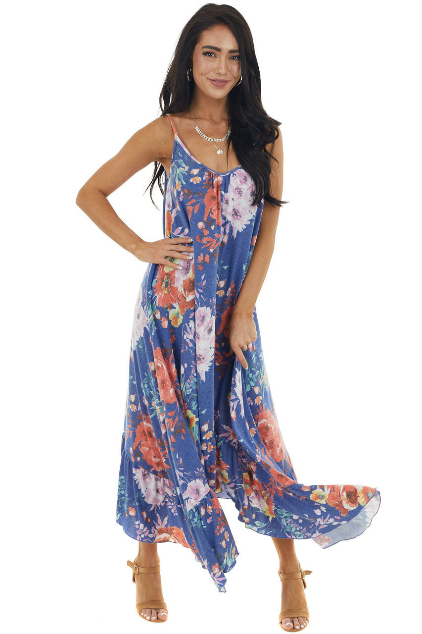 Sapphire Floral Sleeveless Maxi Dress with Rounded V Neck 
