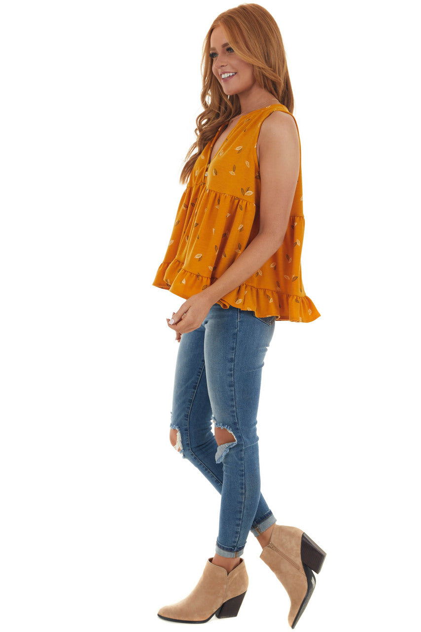 Mango Leaf Print Babydoll Notch Neck Knit Tank