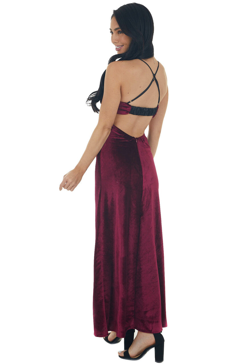 Vivid Wine Waist Cut Out Velvet Maxi Dress