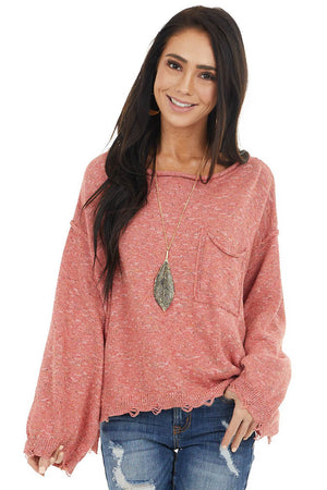 Faded Red Multicolor Long Sleeve Distressed Sweater