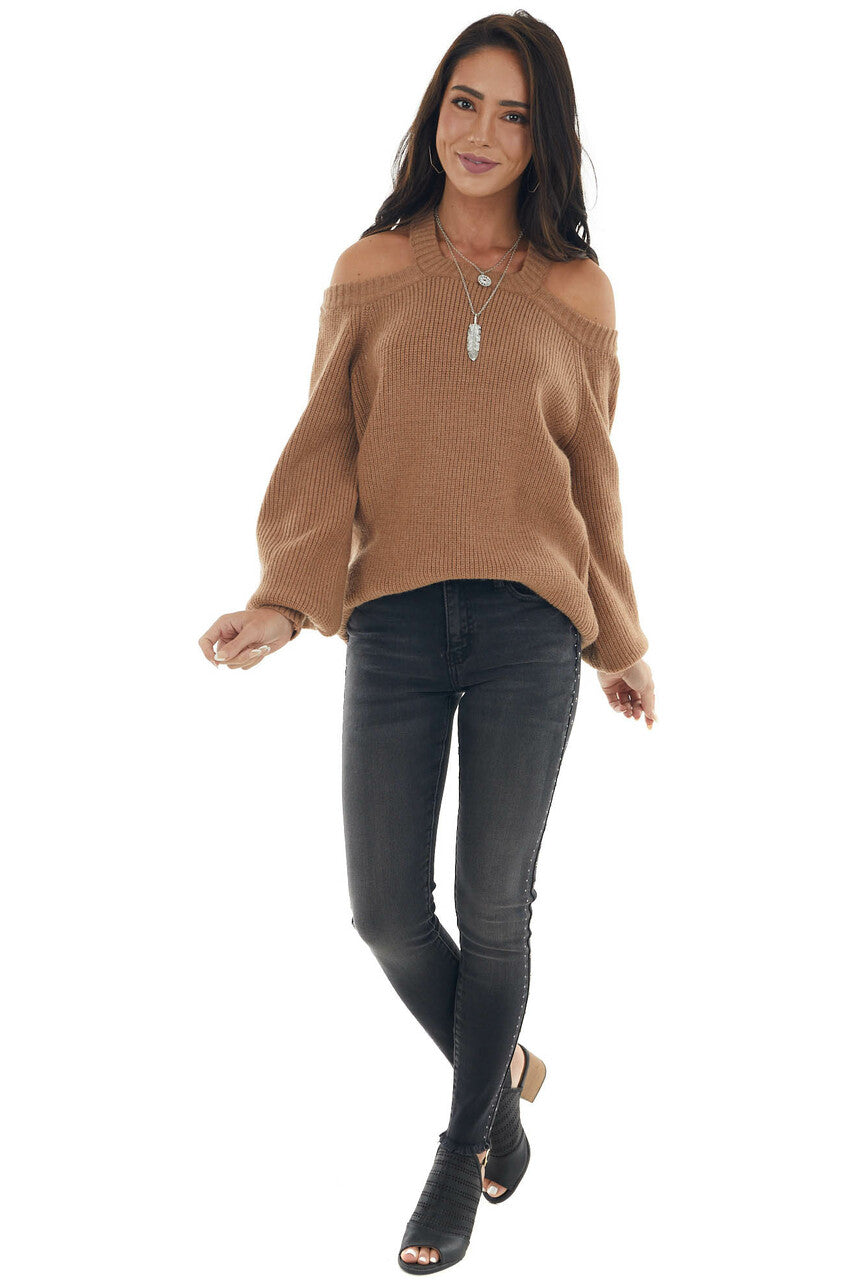 Brown Sugar Cold Shoulder Puff Sleeve Sweater