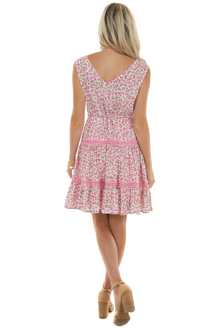 Carnation Floral and Lace Surplice Woven Dress