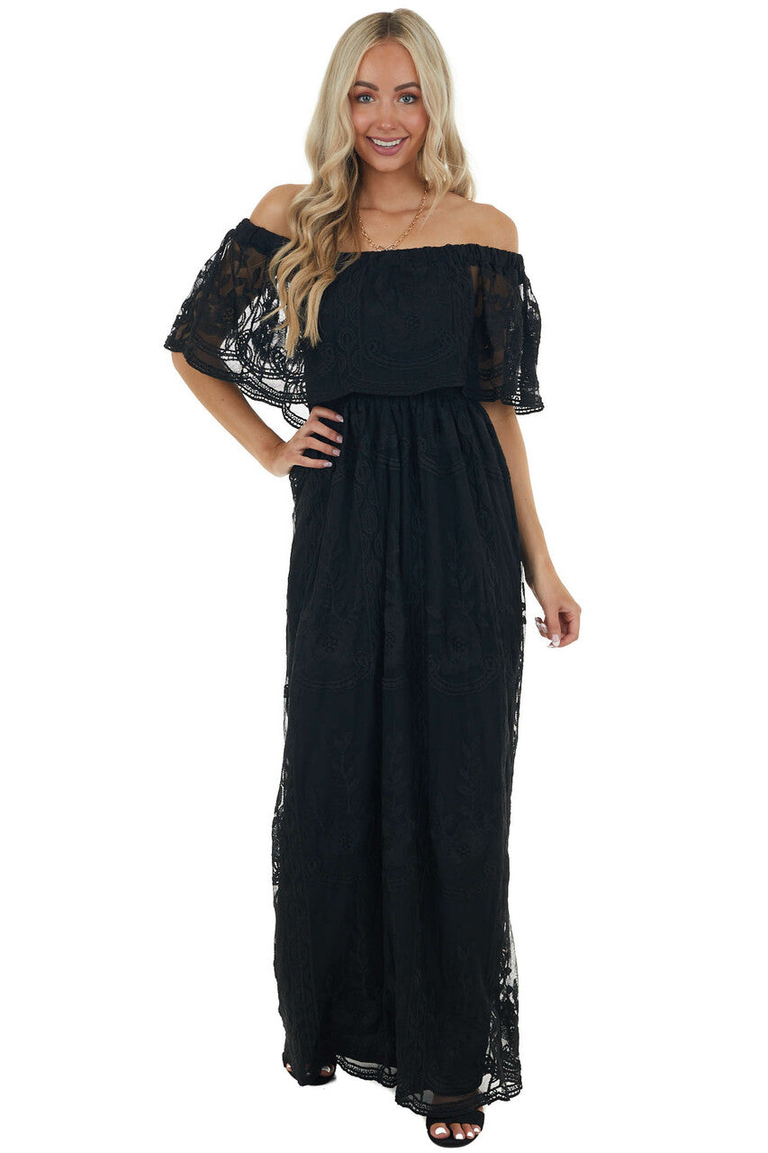 Black Off Shoulder Floral Lace Overlay Maxi Dress 