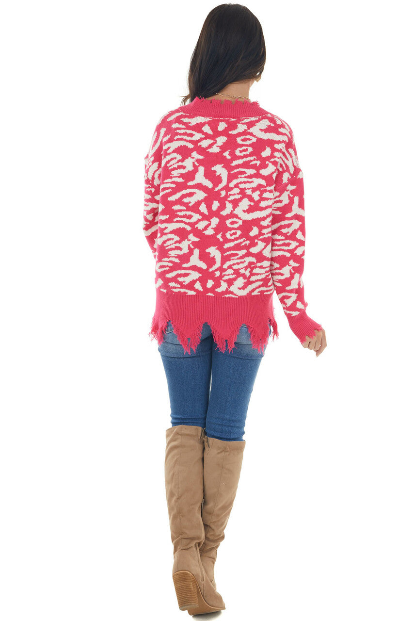 Hot Pink Leopard Print V Neck Frayed Sweater 