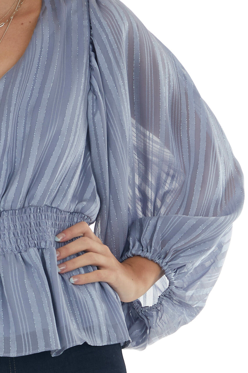 Slate Blue Striped Jacquard Smocked Blouse
