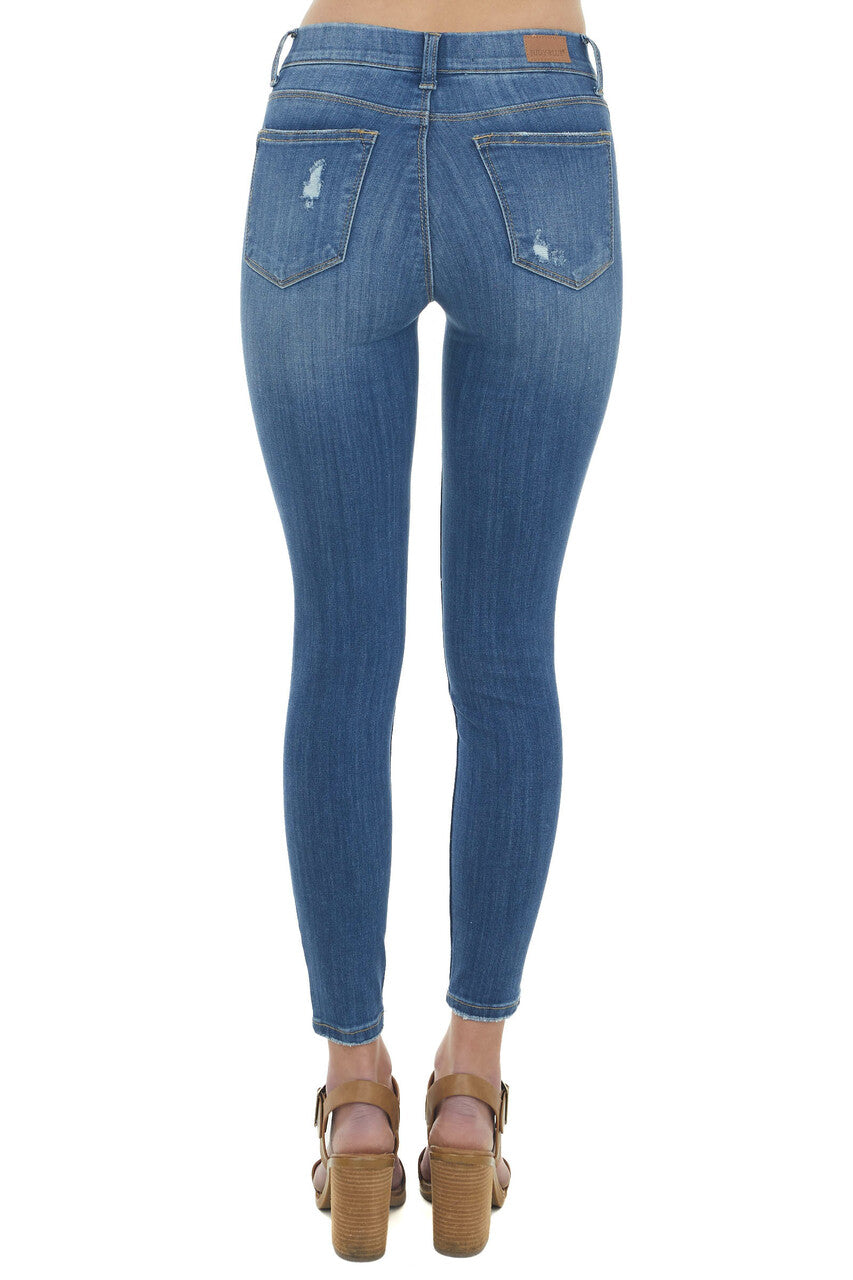 Medium Wash Mid Rise Distressed Knee Jeggings