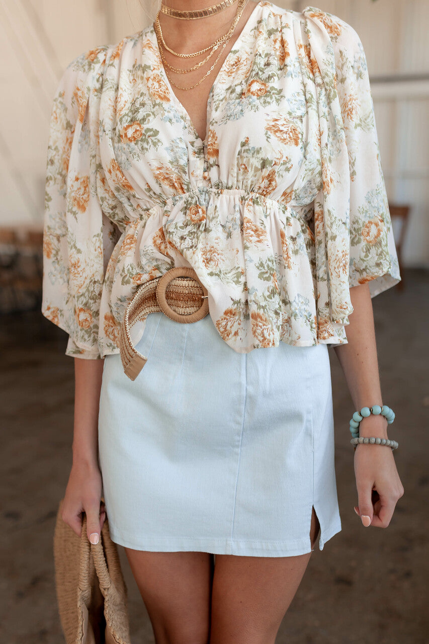 Sky Blue Chambray Seam Detail Skirt with Slits 