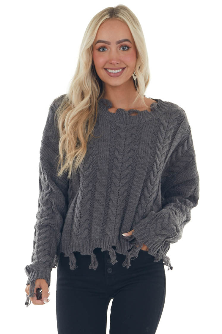 Charcoal Cable Knit Tassel Edge Sweater