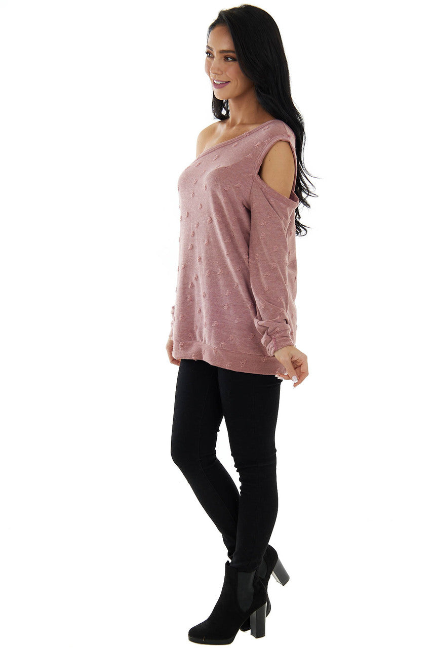 Marsala Distressed Terry Knit Cold Shoulder Top
