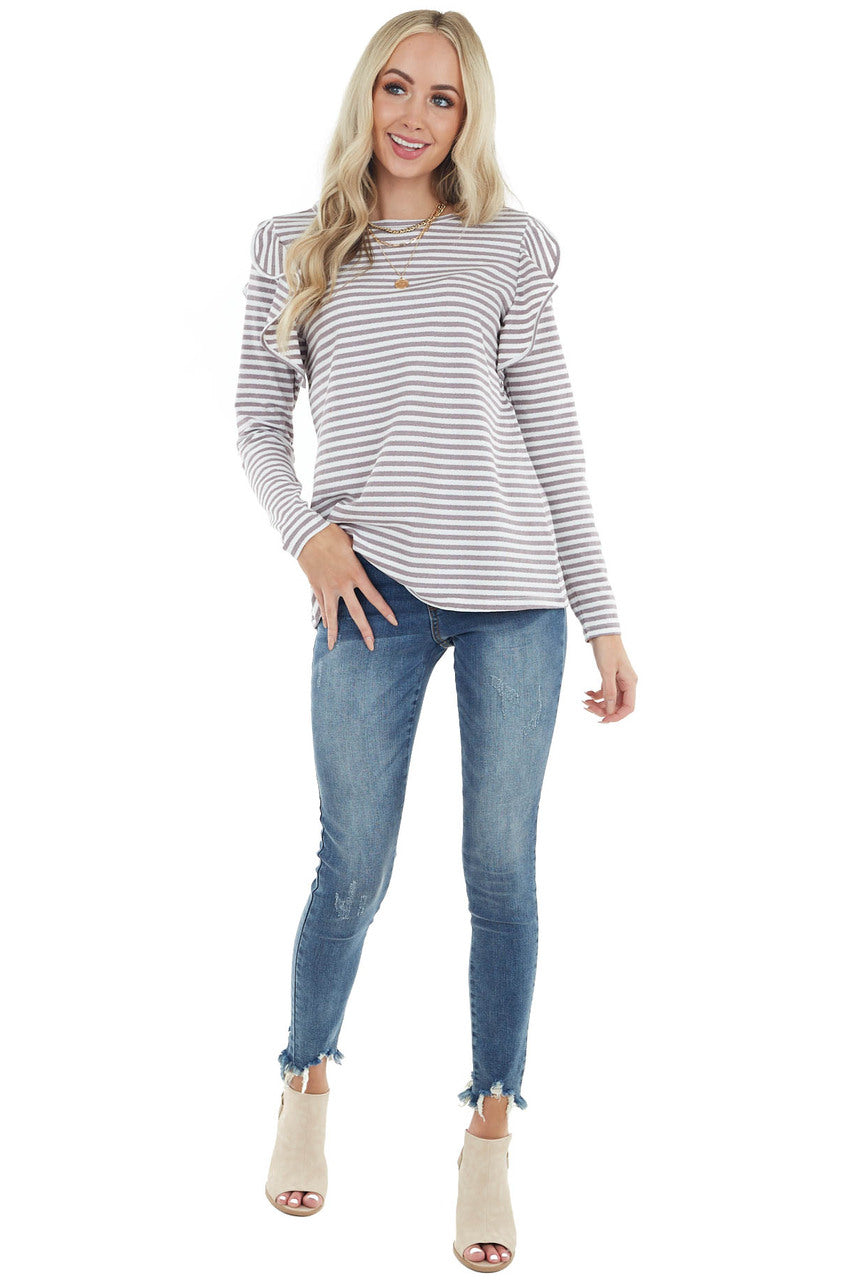 Mocha and Ivory Striped Long Sleeve Top with Ruffle Detail 