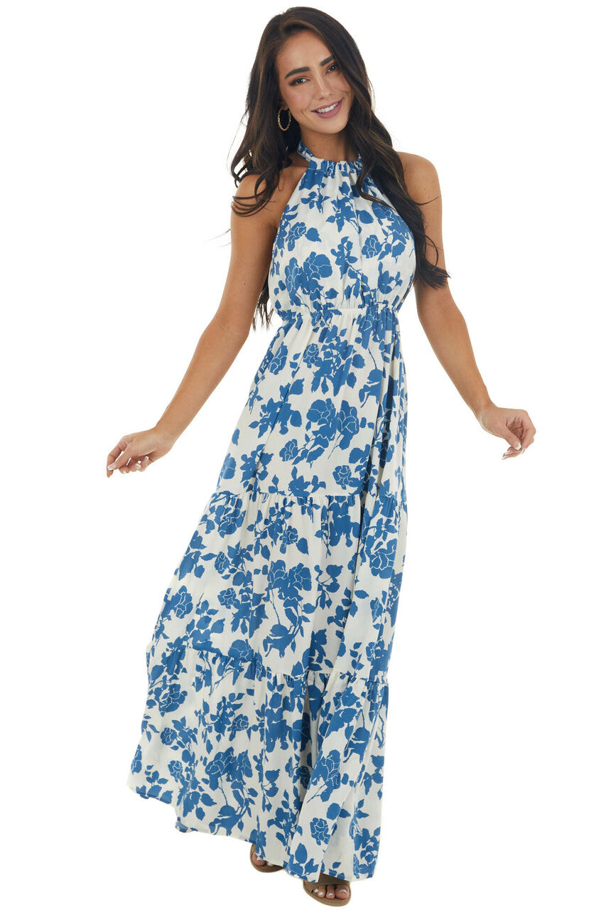 Steel Blue and Ivory Floral Print Maxi Dress 