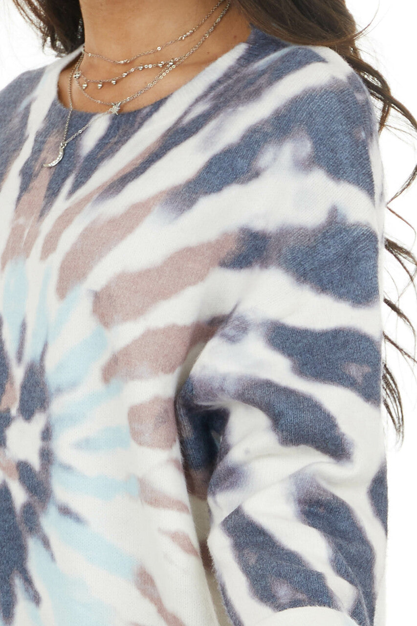 Off White Tie Dye Fuzzy Knit Long Sleeve Lightweight Sweater
