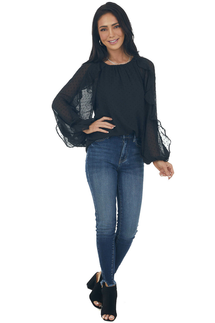 Black Swiss dot Peasant Sleeve Woven Blouse