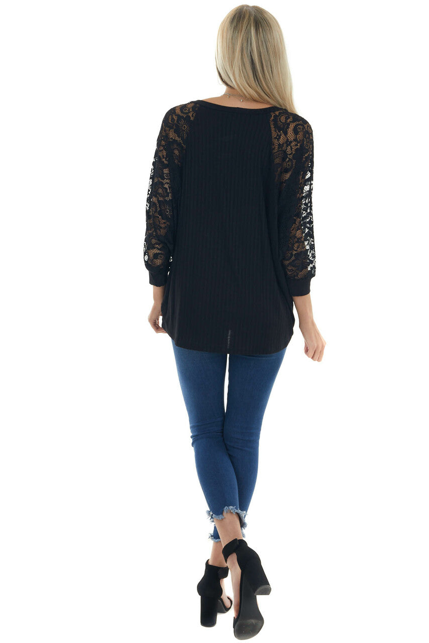 Black Ribbed Dolman 3/4 Lace Sleeve Knit Top