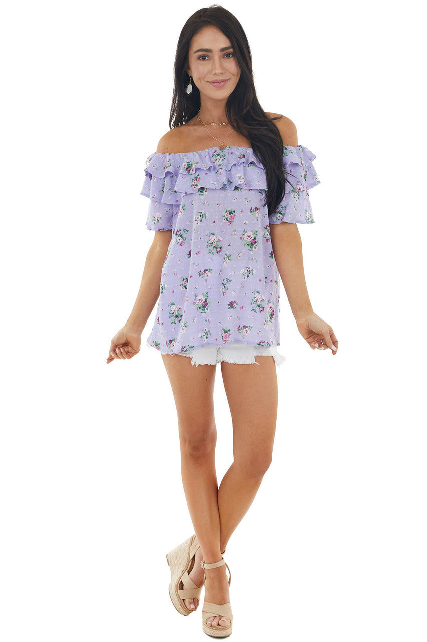 Iris Floral Print Off the Shoulder Swiss Dot Woven Top