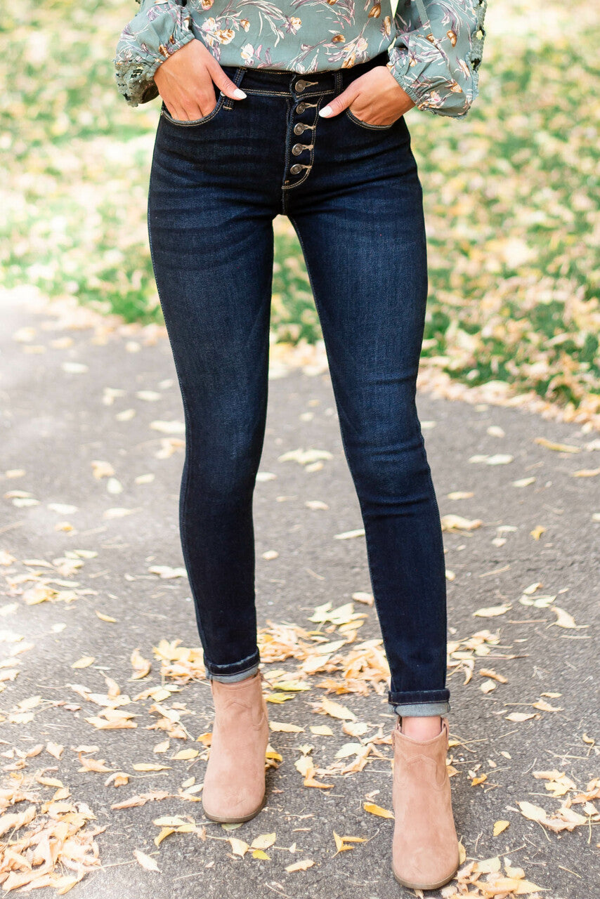 Dark Wash High Rise Skinny Fit Button Up Jeans