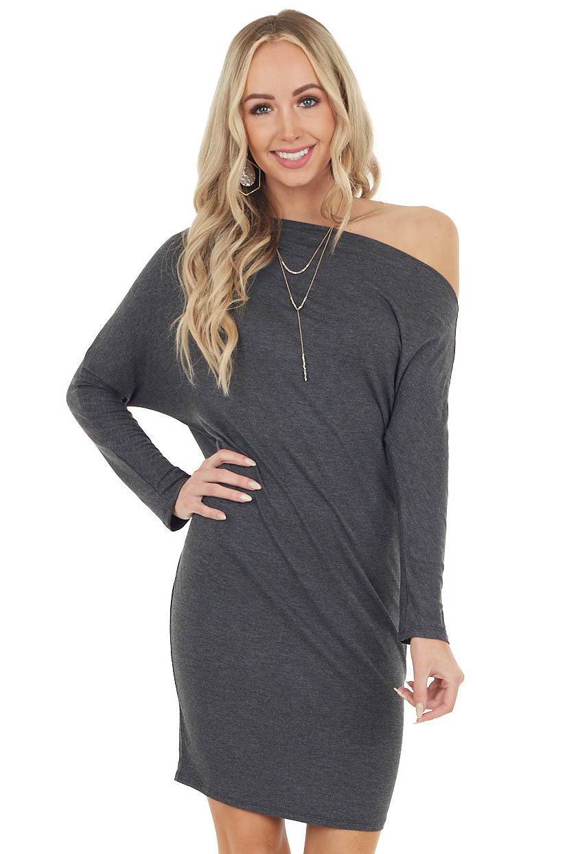 Charcoal Off Shoulder Long Sleeve Semi Fitted Short Dress