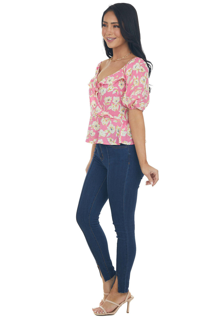 Bubblegum Pink Floral Print Peplum Top