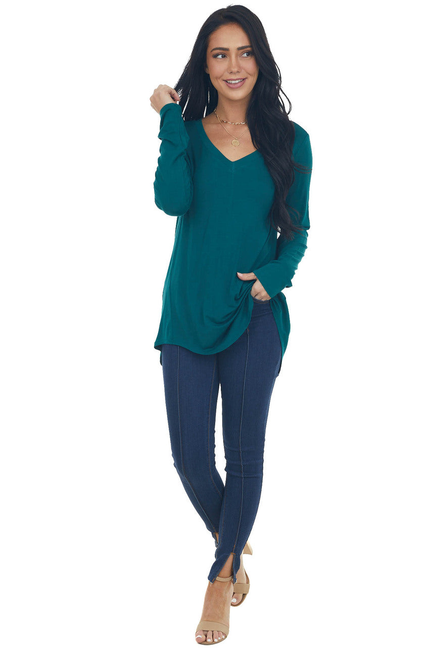 Pine Rounded Hem V Neck Soft Knit Top