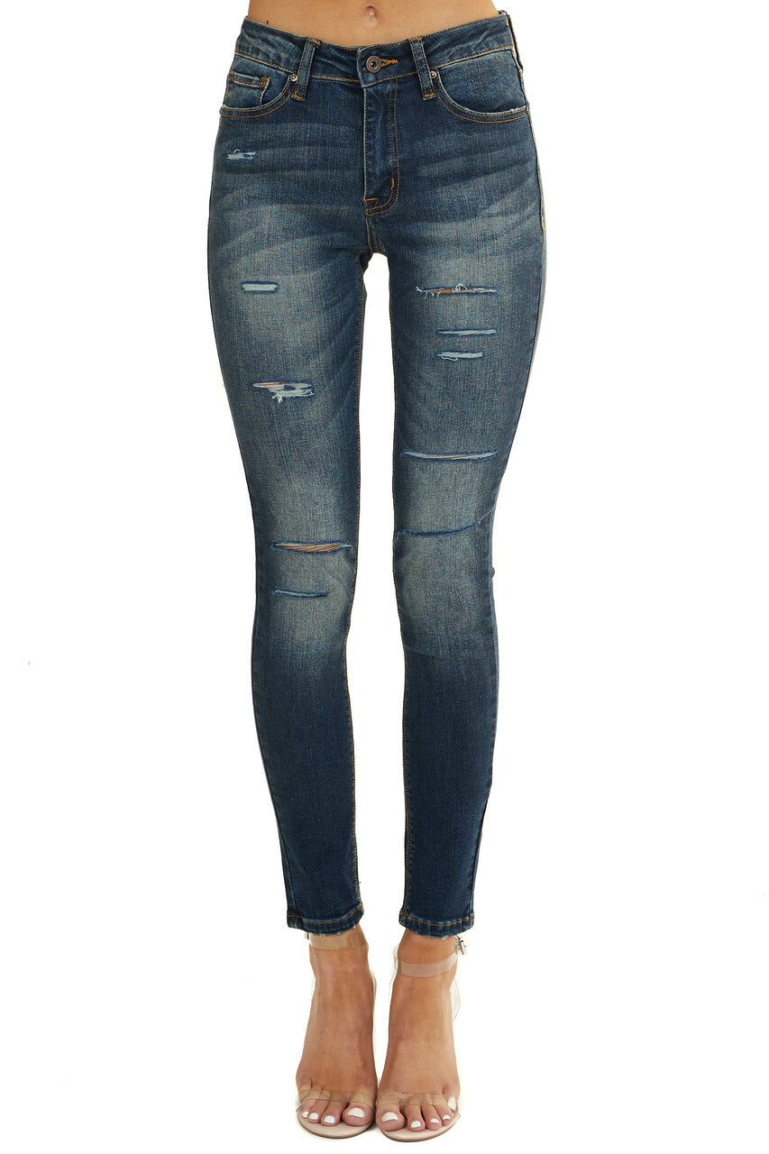 Dark Wash Mid Rise Skinny Jeans with Distressed Cuts