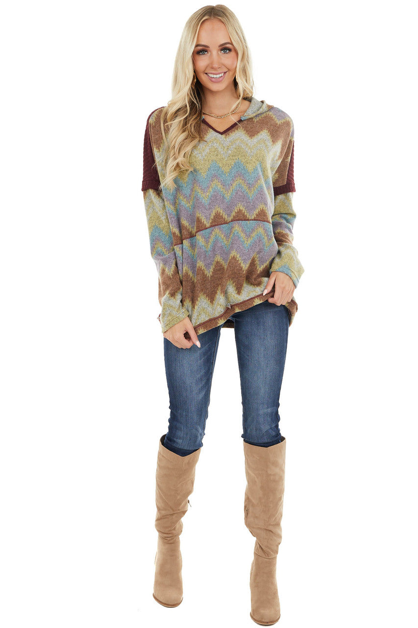 Mahogany Aztec Print Long Sleeve Top with Hood and Pockets
