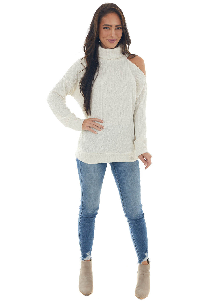 Cream Textured Cowl Neck Cold Shoulder Sweater 