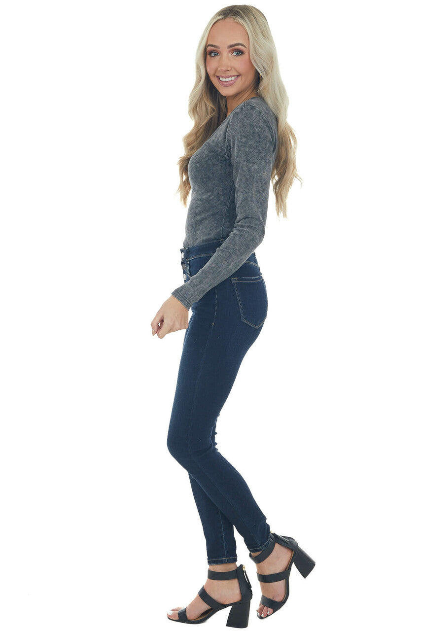 Charcoal Stone Washed Front Cutout Bodysuit