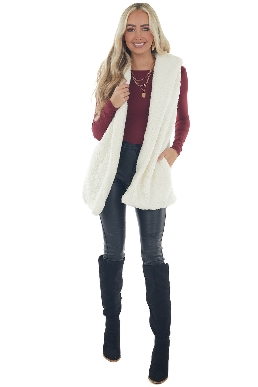 Cream Soft Sherpa Hooded Vest with Pockets