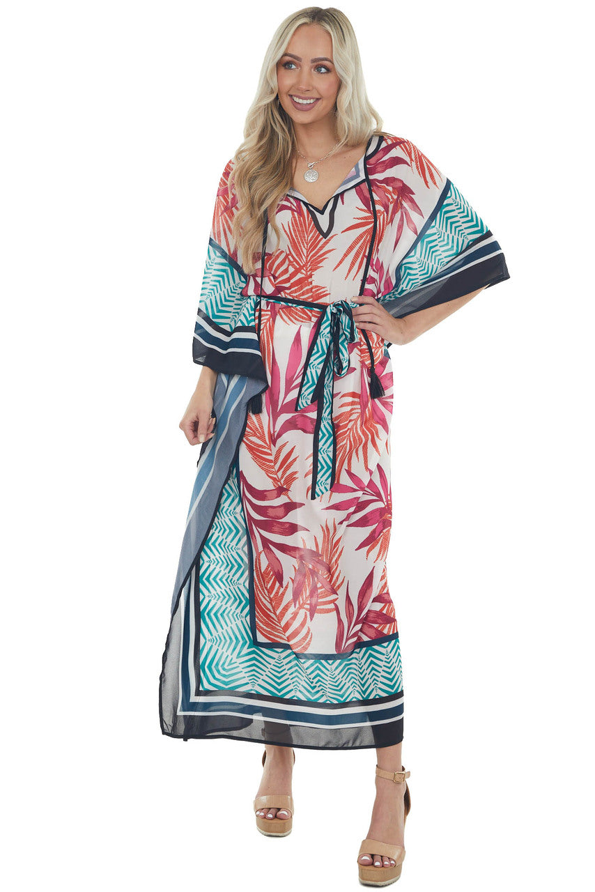 Ivory Abstract Print V Neck Sheer Woven Maxi Dress