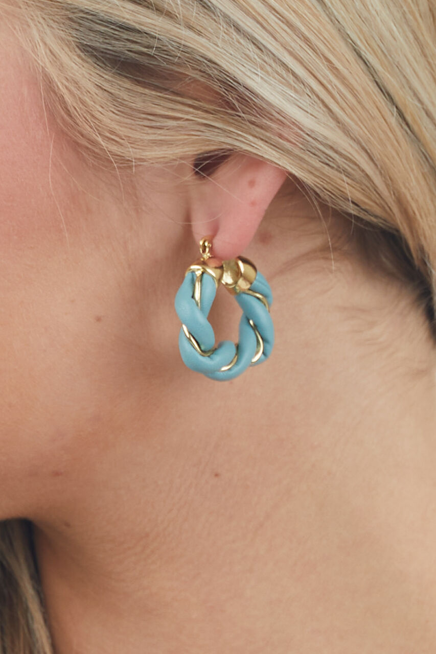 Steel Blue Twisted Gold Chunky Hoop Earrings