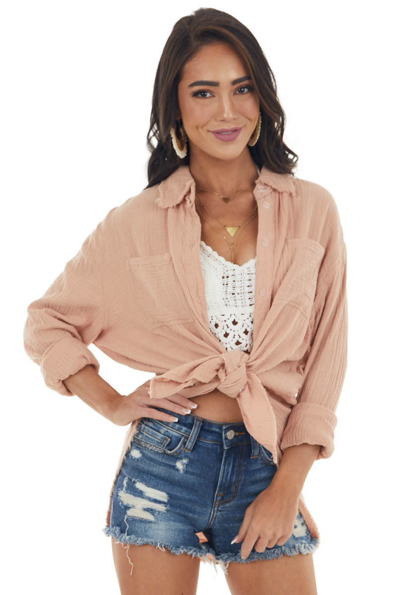 Apricot Button Up Top with Frayed Edges Detail