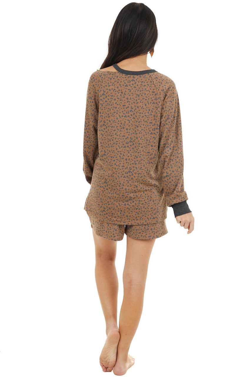 Cognac and Charcoal Leopard Print Top with Cold Shoulder