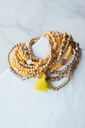 Amber and Gold 12 Piece Beaded Bracelet Set 