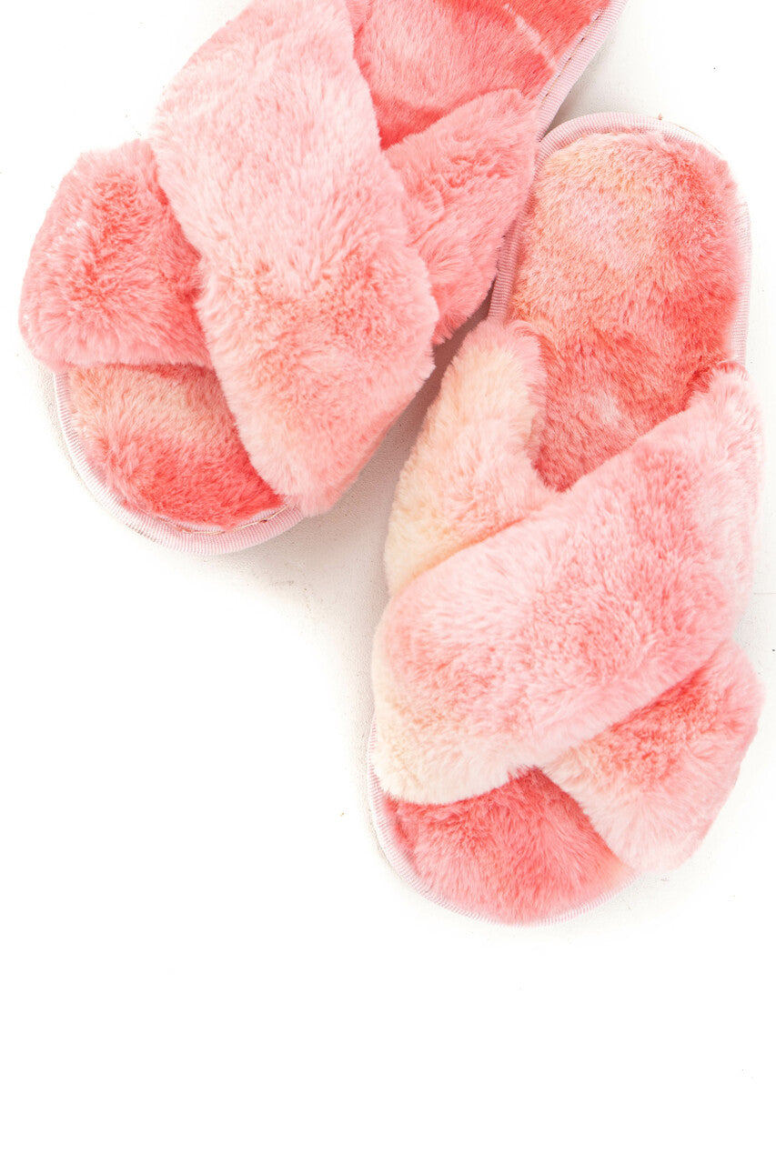 Pink Tie Dye Soft Fuzzy Slippers with Criss Cross Straps 