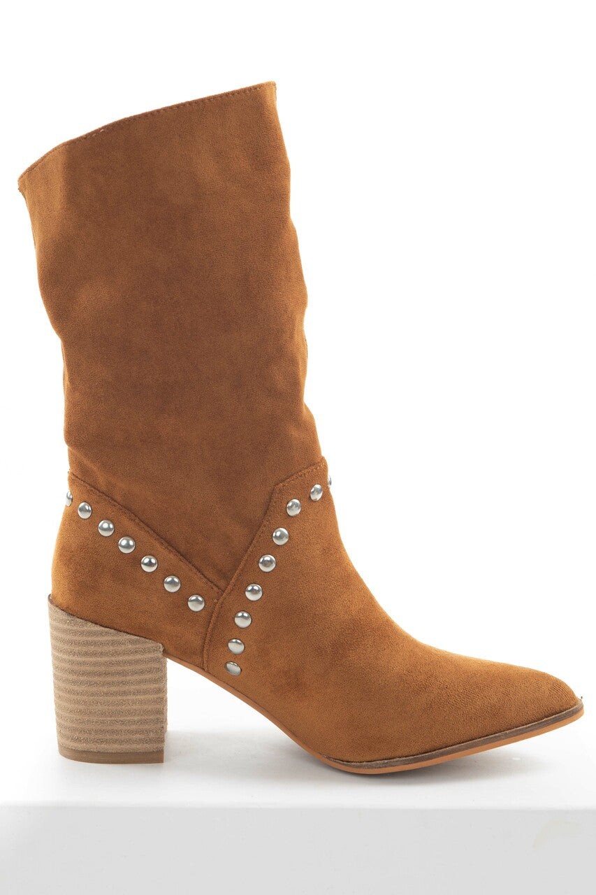 Caramel Suede Pointed Toe Studded Midi Booties