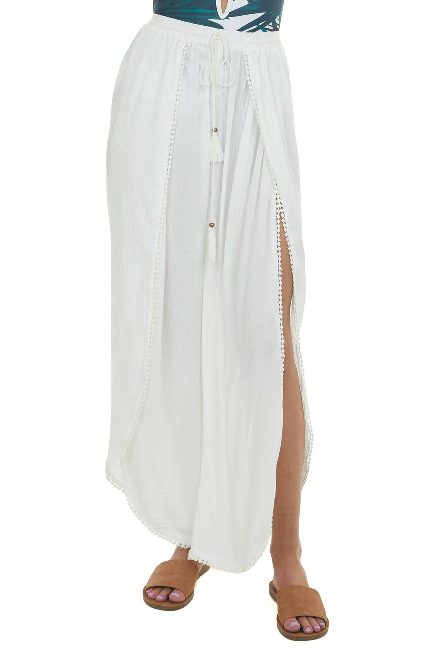 Ivory Open Leg Wrap Pants with Tassel and Lace Details